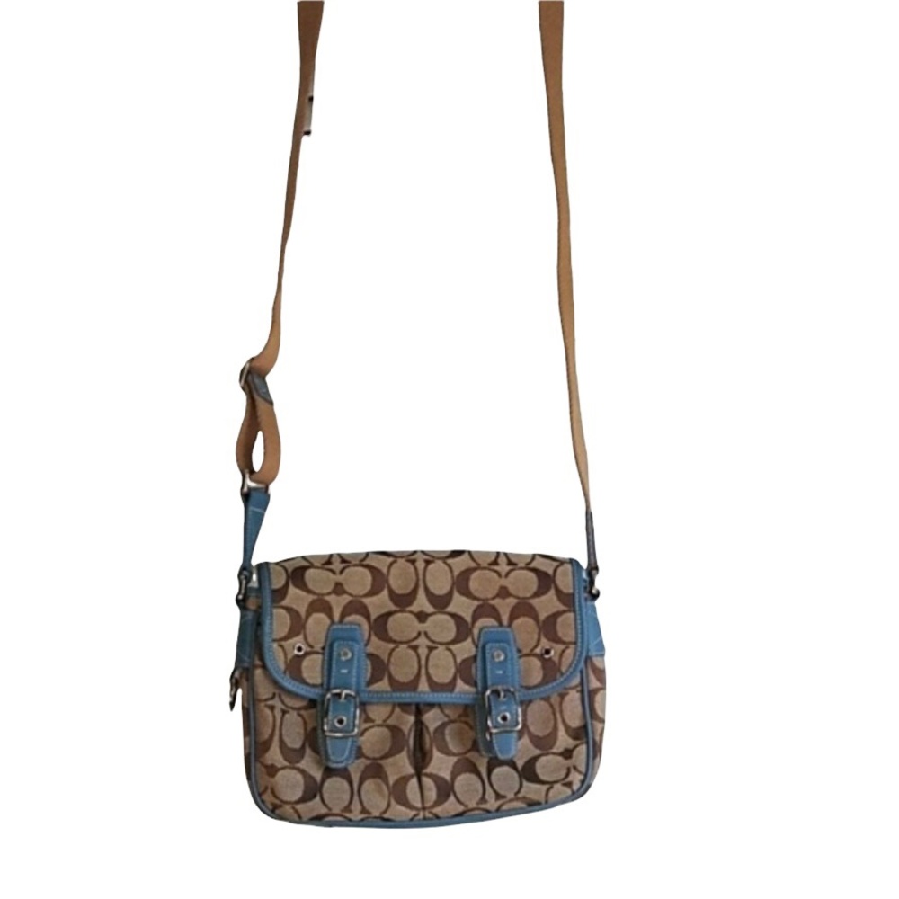 Crossover tan and blue women’s bag with multiple pockets